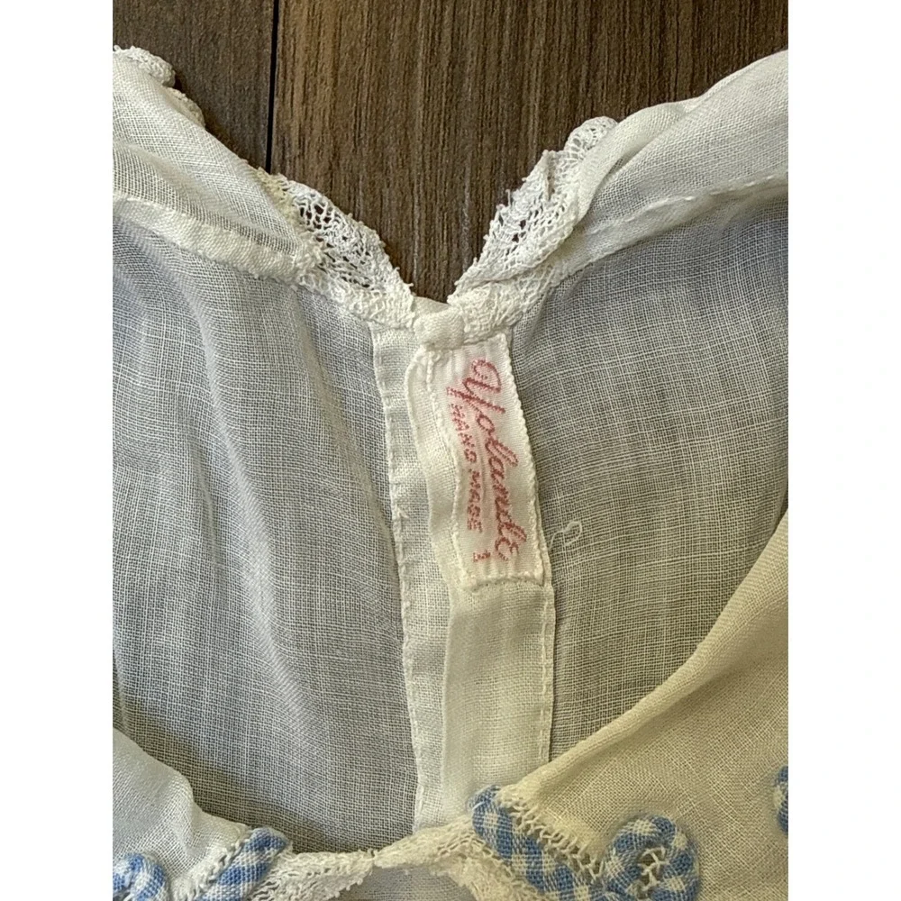 Yolande Dress Baby 6M Blue Gingham Vintage Handmade Lace Embroidered Pinafore